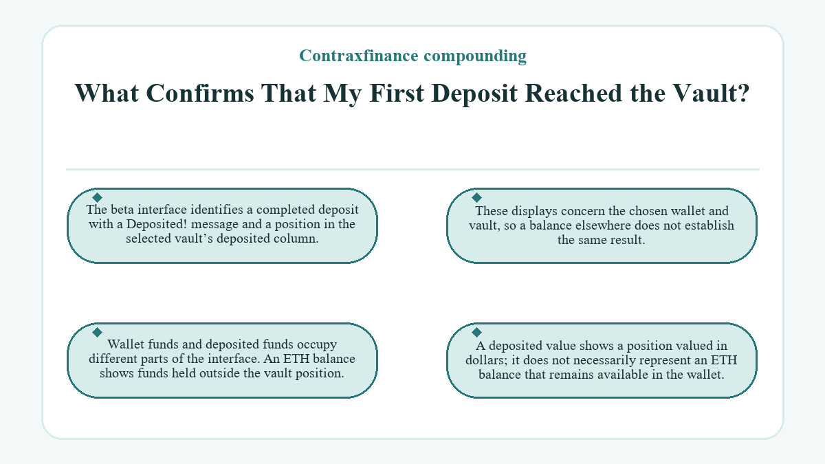 Visual summary: What Confirms That My First Deposit Reached the Vault? (Contraxfinance compounding)